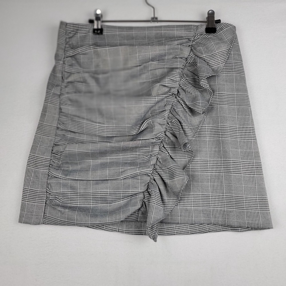 TJD Mini Skirt Women Large Black White Houndstooth Lined Polyester Ruffle Ruched